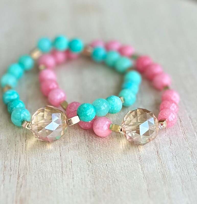Handcrafted polished Pink Quartz stone crystal bracelets, with vintage look and faceted glass crystal pendant, gold accents